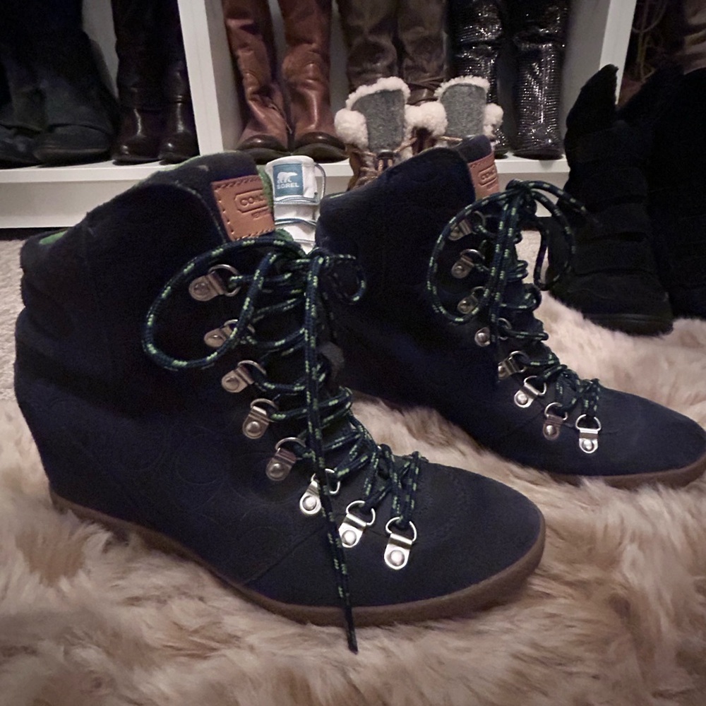 Coach Logo Blue Lace Up Wedge Boots